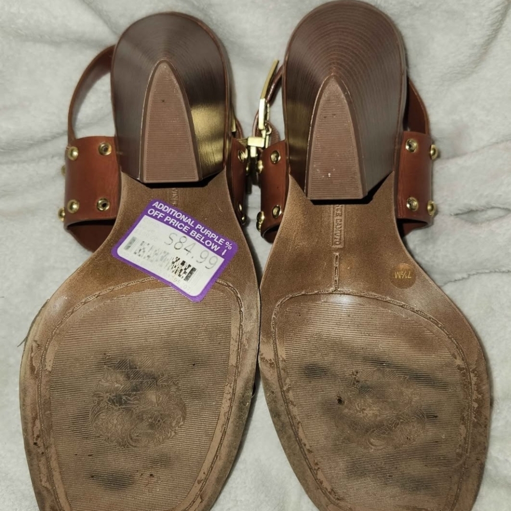 7.5 Vince Camuto Brown Leather Sandal Heels, Gold Buckle,OpenToe,Straps,Designer - Picture 2 of 9